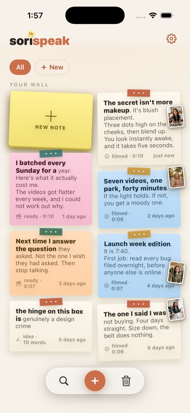 Your wall — scripts as sticky notes, filmed ones showing the take tucked onto the note